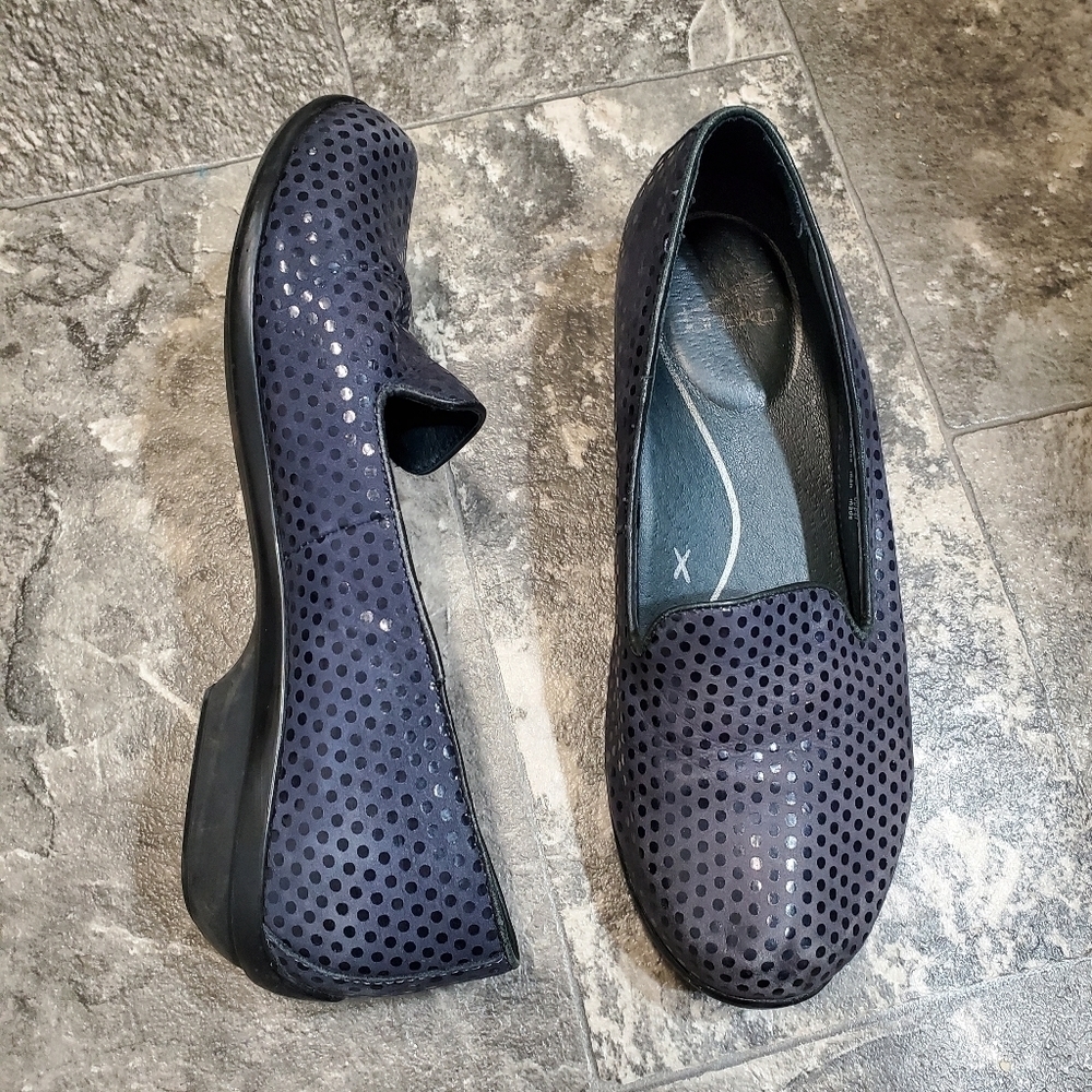 Dansko Olivia Navy Blue Suede Leather Confetti Polka Dot Comfort Loafers 38